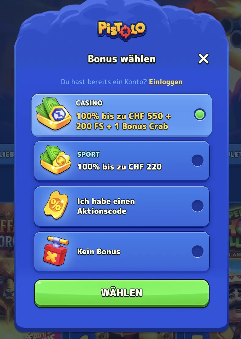 Bonusoptionen im Pistolo Casino auswählen Casino Bonus Auswahl Pistolo